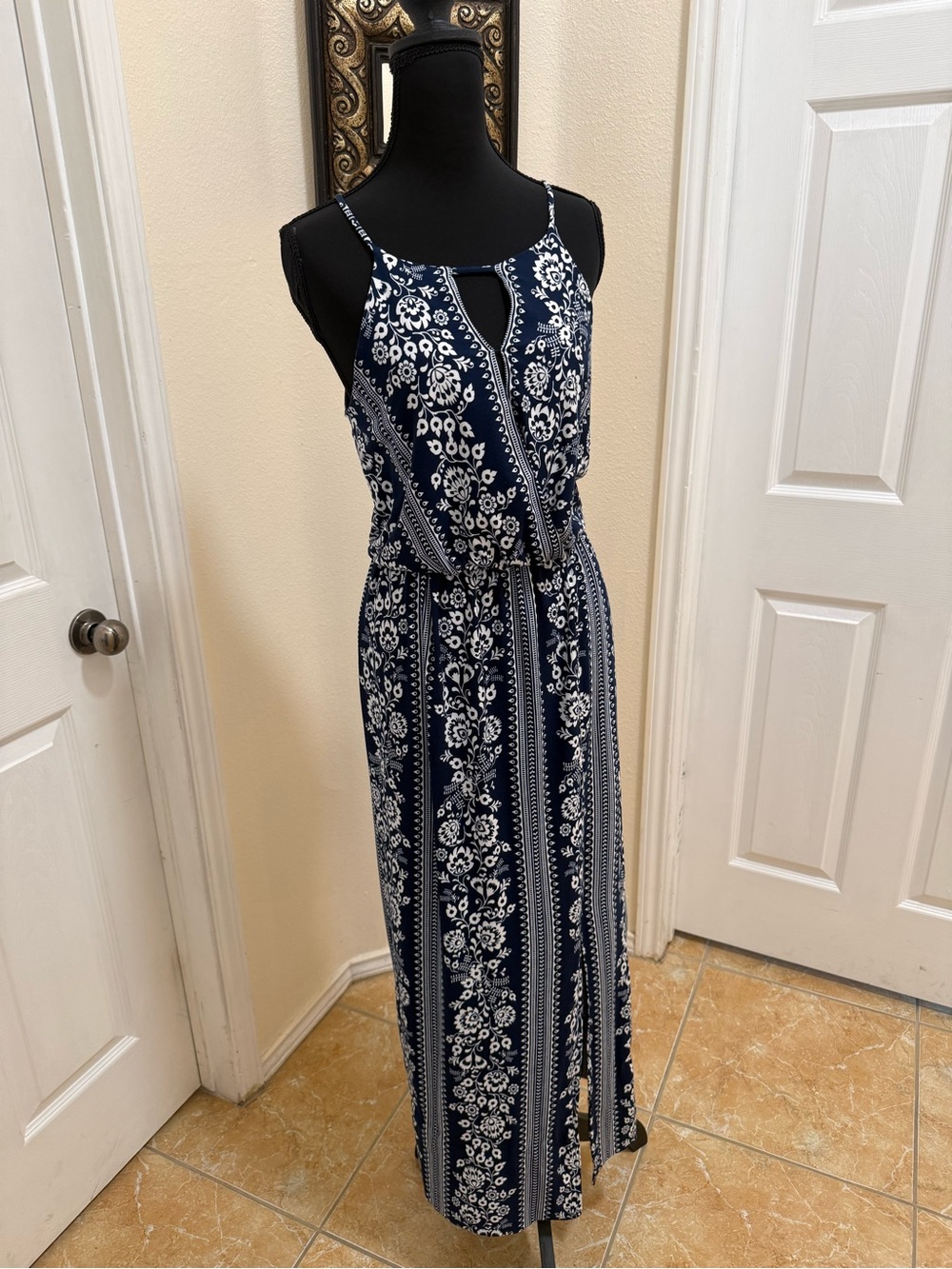 I.N. San Francisco Navy & White Floral Stripe Maxi Dress